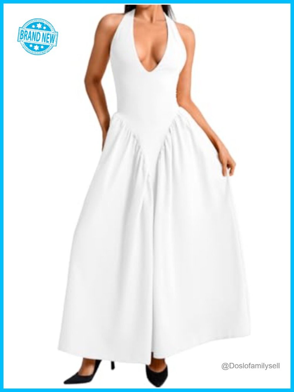 Halter Maxi Dress Deep V Neck Sleeveless Flowy Wedding Guest Vacation